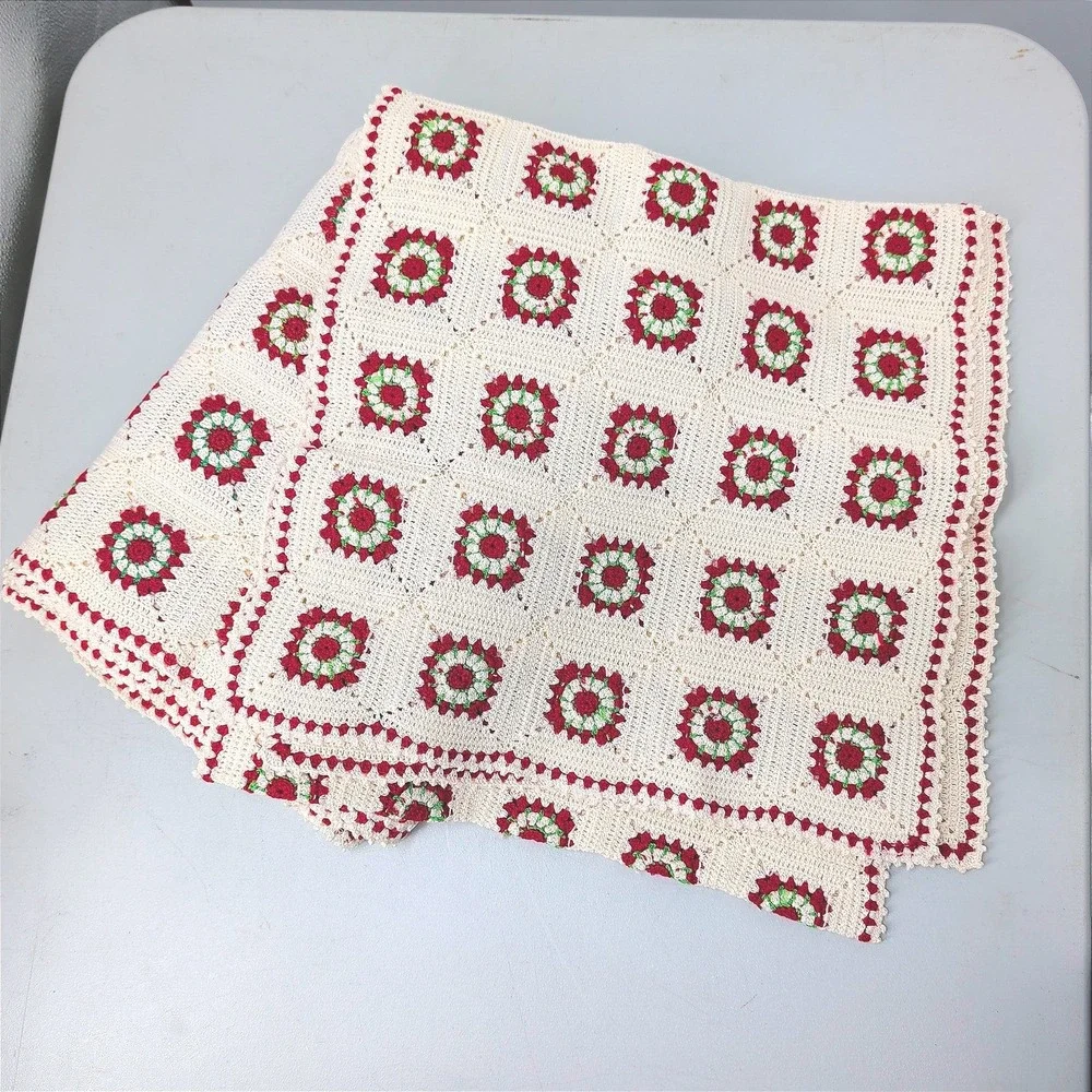 Handmade Crochet Table Runner 2pc Granny Square Cream Red Green 88X32 70X17
